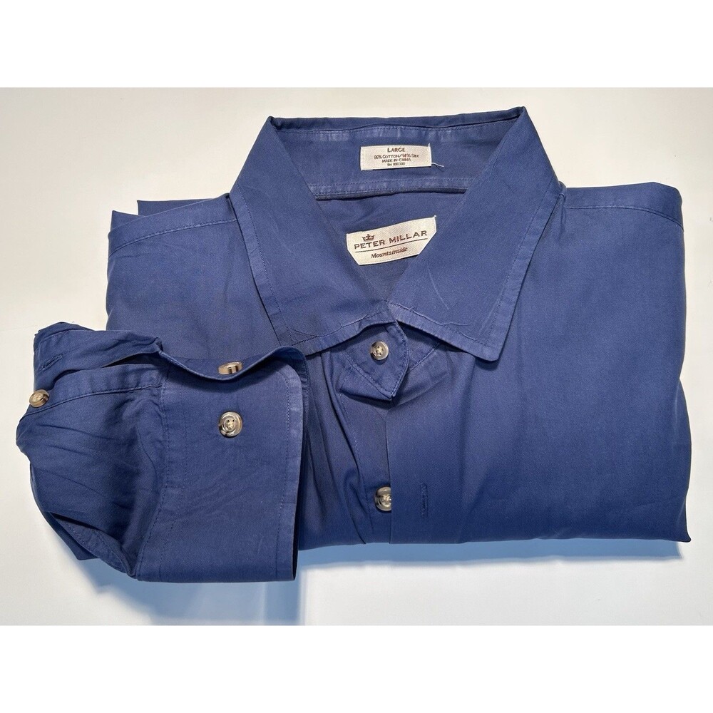 Peter Millar Mens Mountainside Button Navy Silk Blend Dress Shirt Size L 16/35